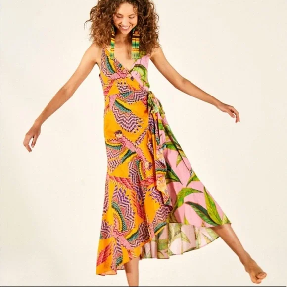 FARM RIO Mixed Prints Beaded Macaw Midi Dress (NWT)